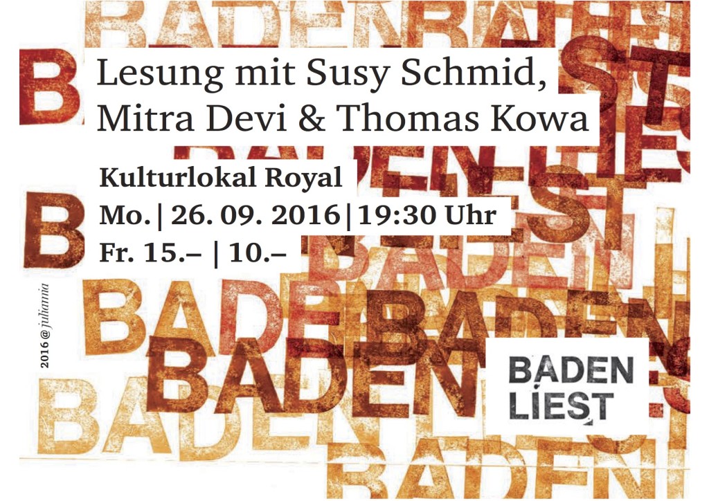 Lesung mit Susy Schmid, Mitra Devi & Thomas Kowa